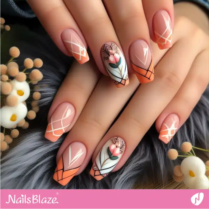 Peach Fuzz Geometric Nails with Flowers | Color of the Year 2024 - NB1920